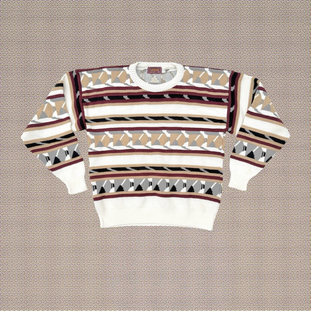 Vintage Atlas Ivory Abstract Geometric Textured Stripe Pullover Sweater